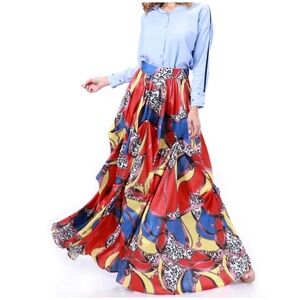 TOV Holy Red and Blue Patterned Maxi Skirt